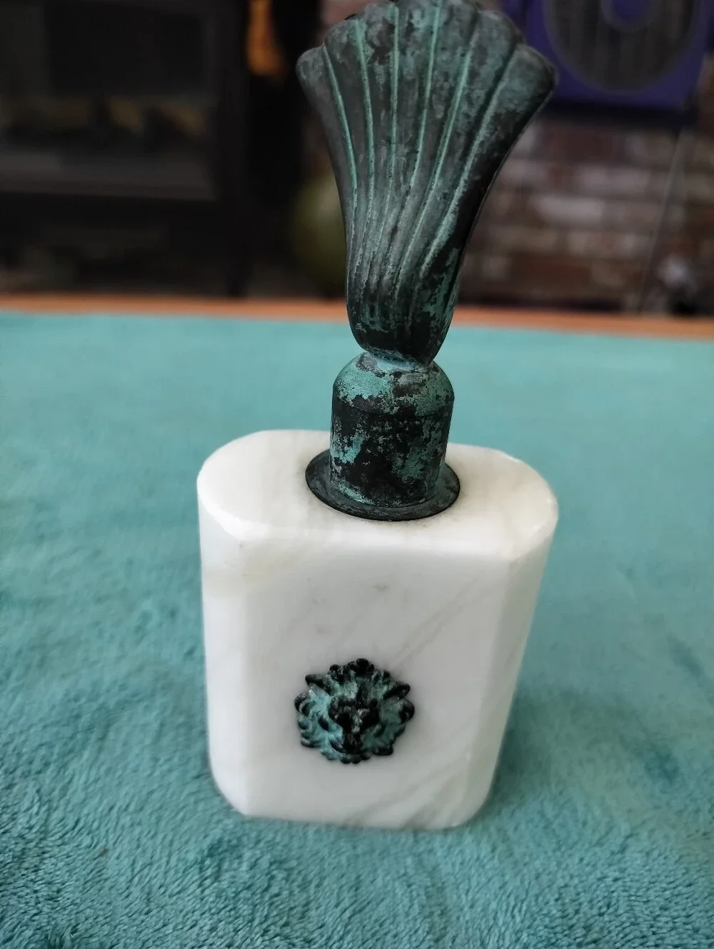 Vintage Italian Alabaster Desk Paperweight - Verdigris Lion Head & Fan Handle